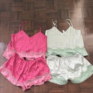 Women's Satin Lace Trim Sleepwear Set - Pink and White